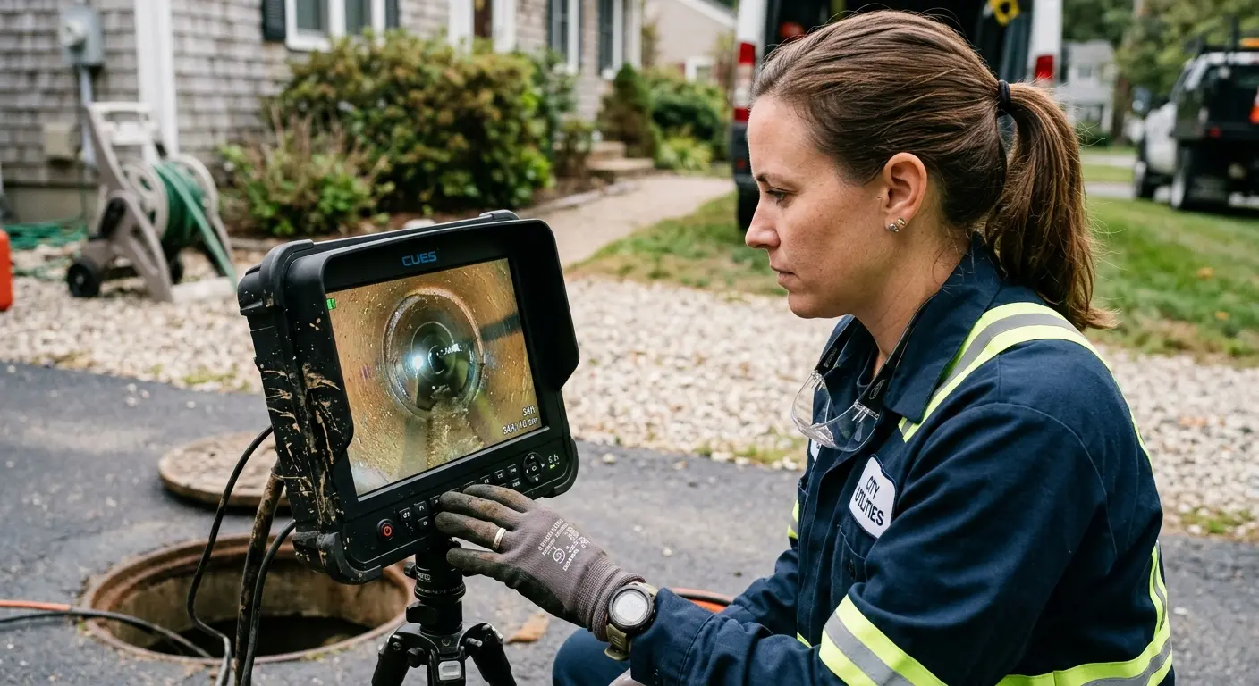 Technician reviewing sewer camera inspection footage in Windcrest