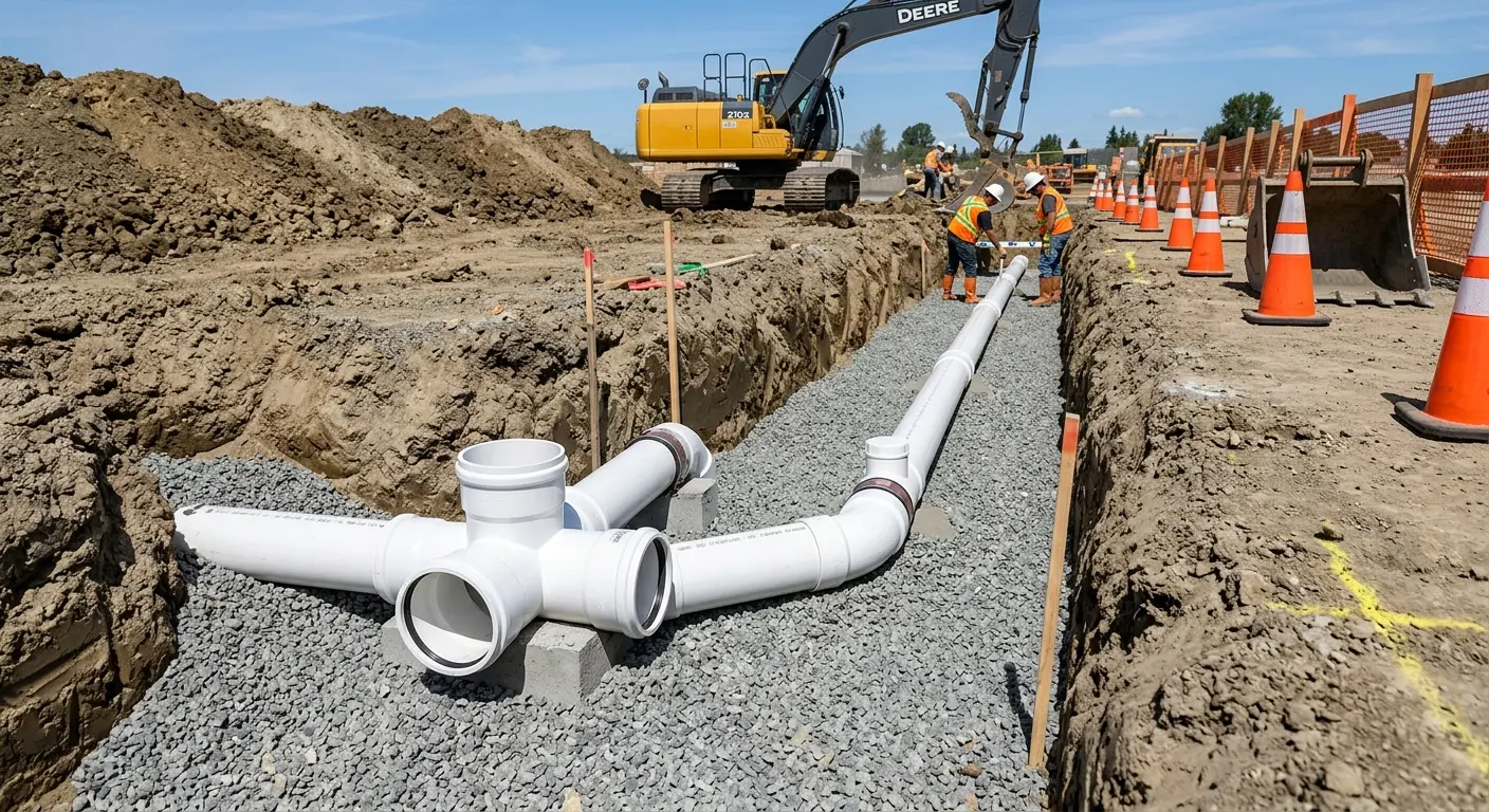 New PVC sewer pipe installation in open trench for Sewer Backup in Windcrest