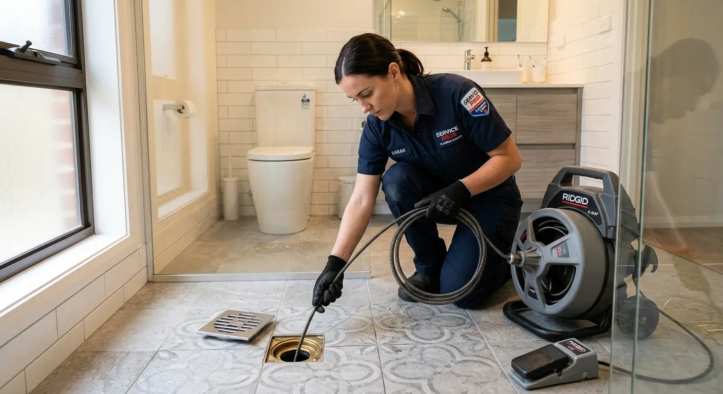 Technician clearing a bathroom floor drain for Drain Repair in Windcrest